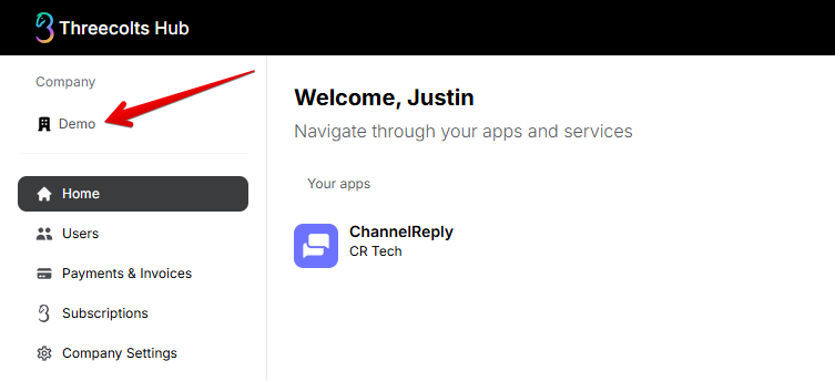 Switching companies on the Threecolts Hub dashboard