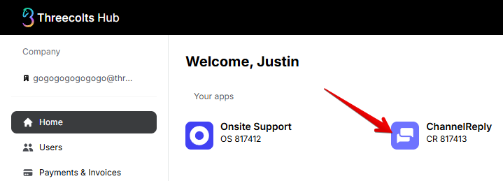 ChannelReply under Your apps on the Threecolts Hub dashboard