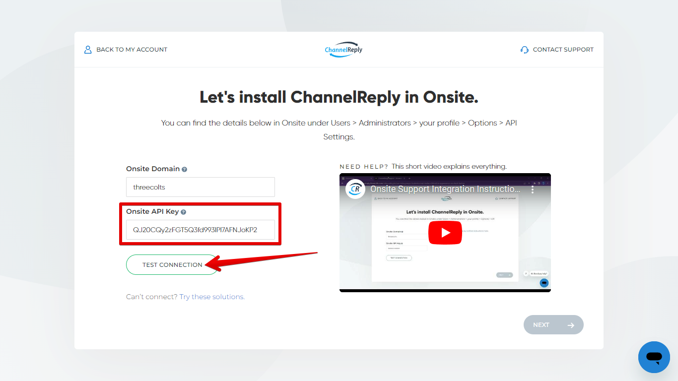 Onsite API Key entered and Test Connection button in ChannelReply