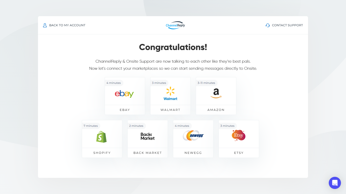 Onsite Support integration success screen with available marketplace integrations