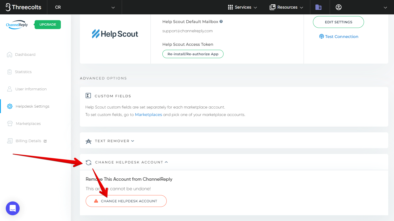 Change Helpdesk Account dropdown and button