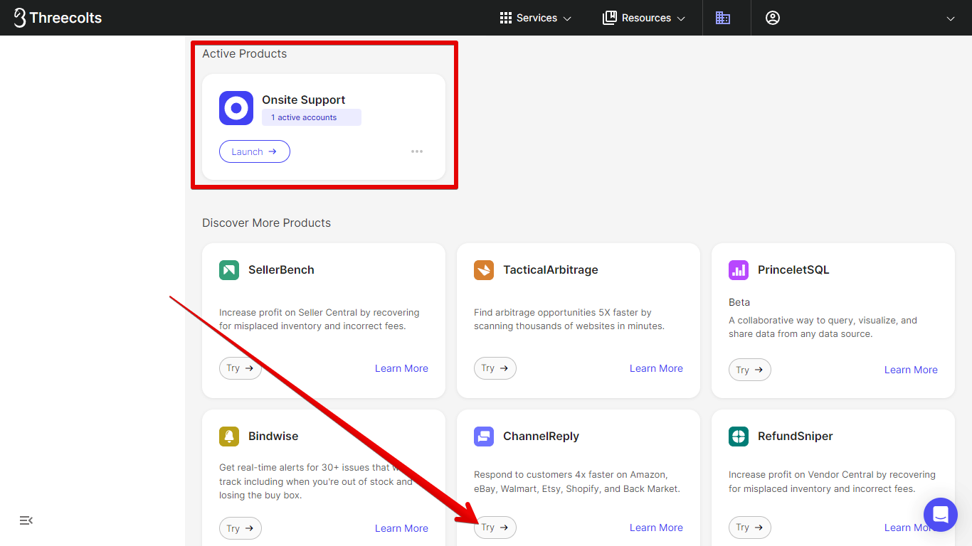 Onsite Support active and Try button for ChannelReply on the Threecolts dashboard