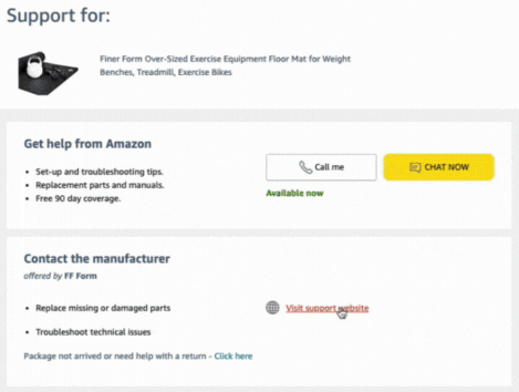 Visit Support Website Button Leading to Onsite in Amazon