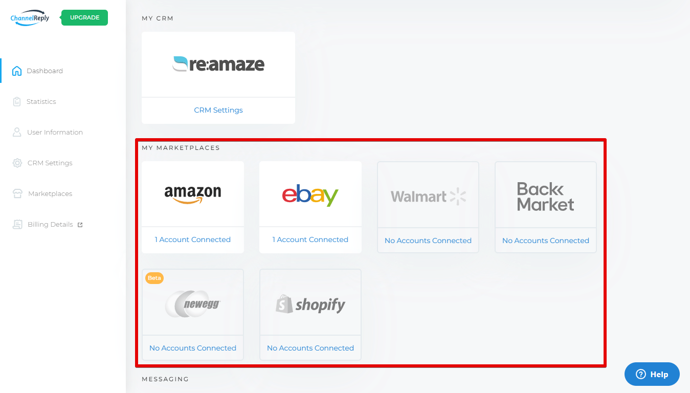 Integrate Amazon, eBay, Back Market, Newegg, Shopify or Walmart with Re:amaze from Your ChannelReply Dashboard