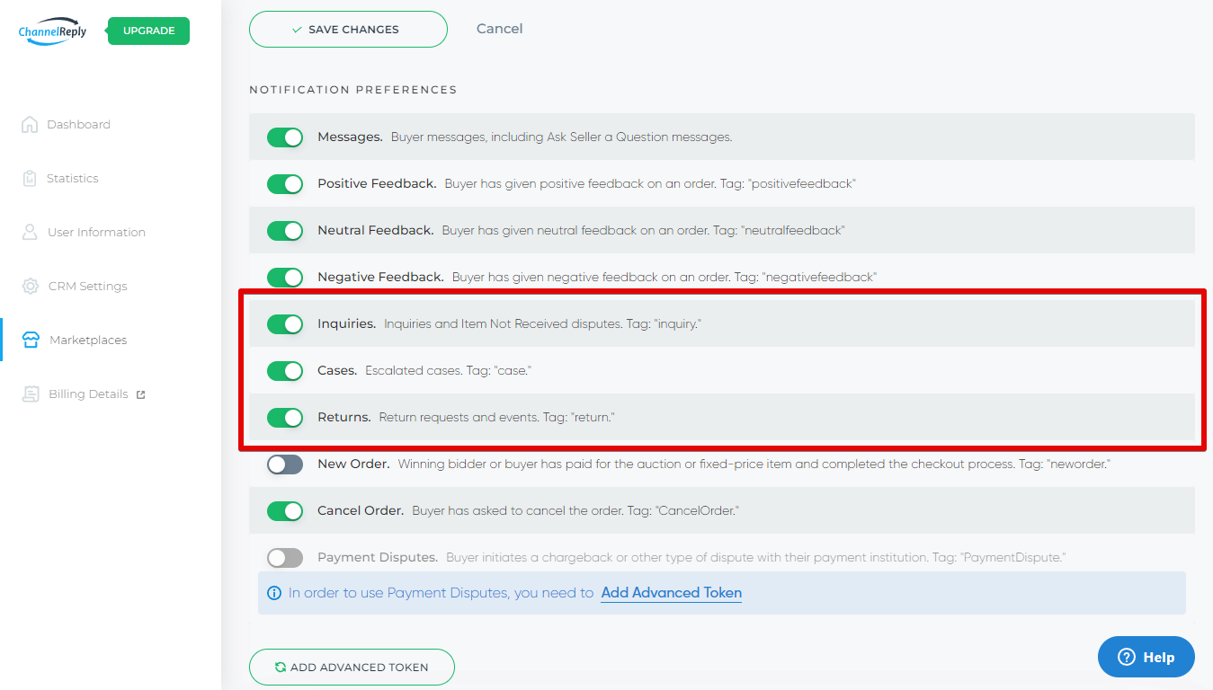 eBay Resolution Center Settings in ChannelReply Notification Preferences
