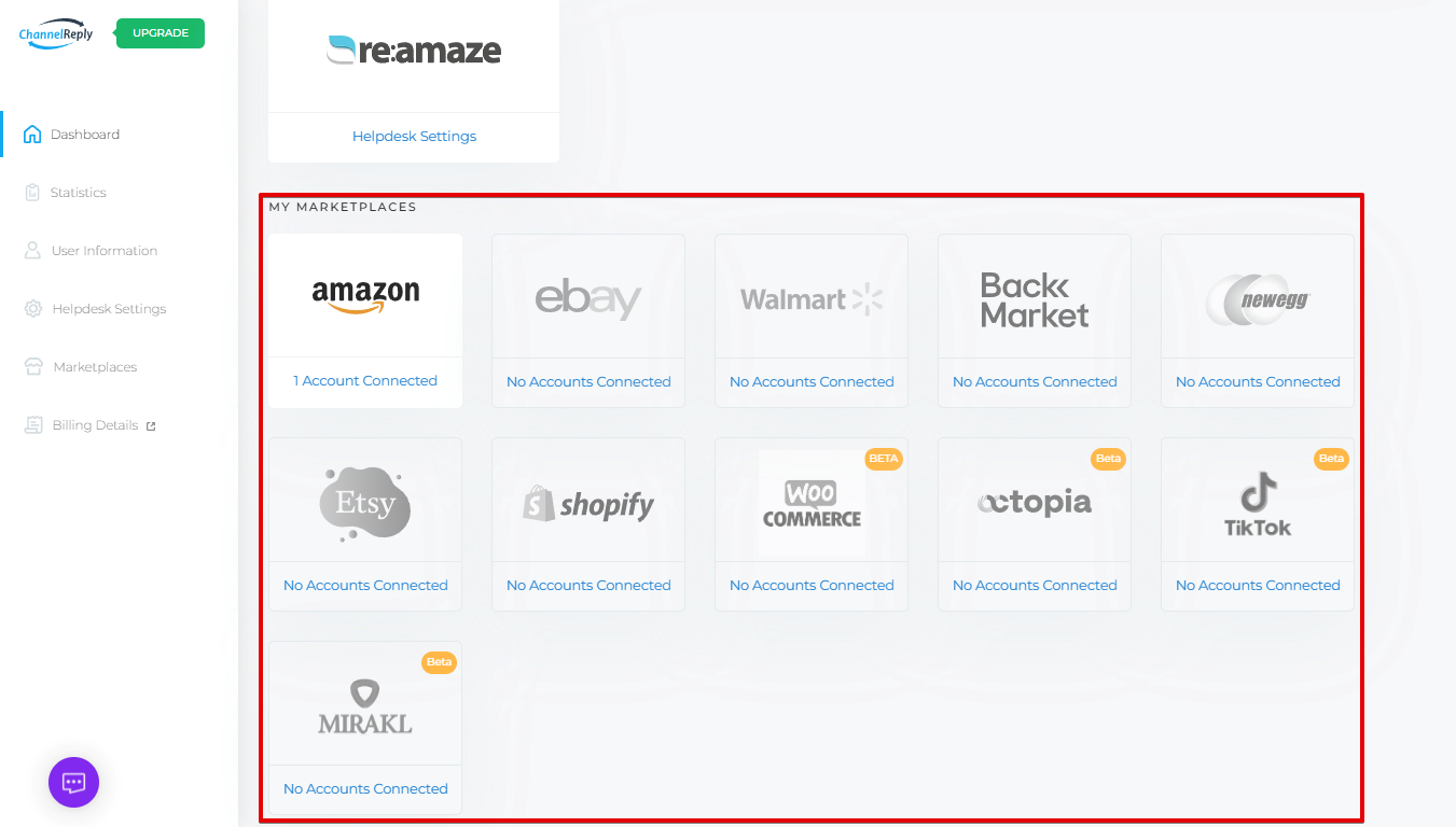 Integrate Amazon, eBay, Walmart, Back Market, Newegg, Etsy, Shopify, WooCommerce, Octopia, TikTok or Mirakl with Re:amaze from your ChannelReply Dashboard