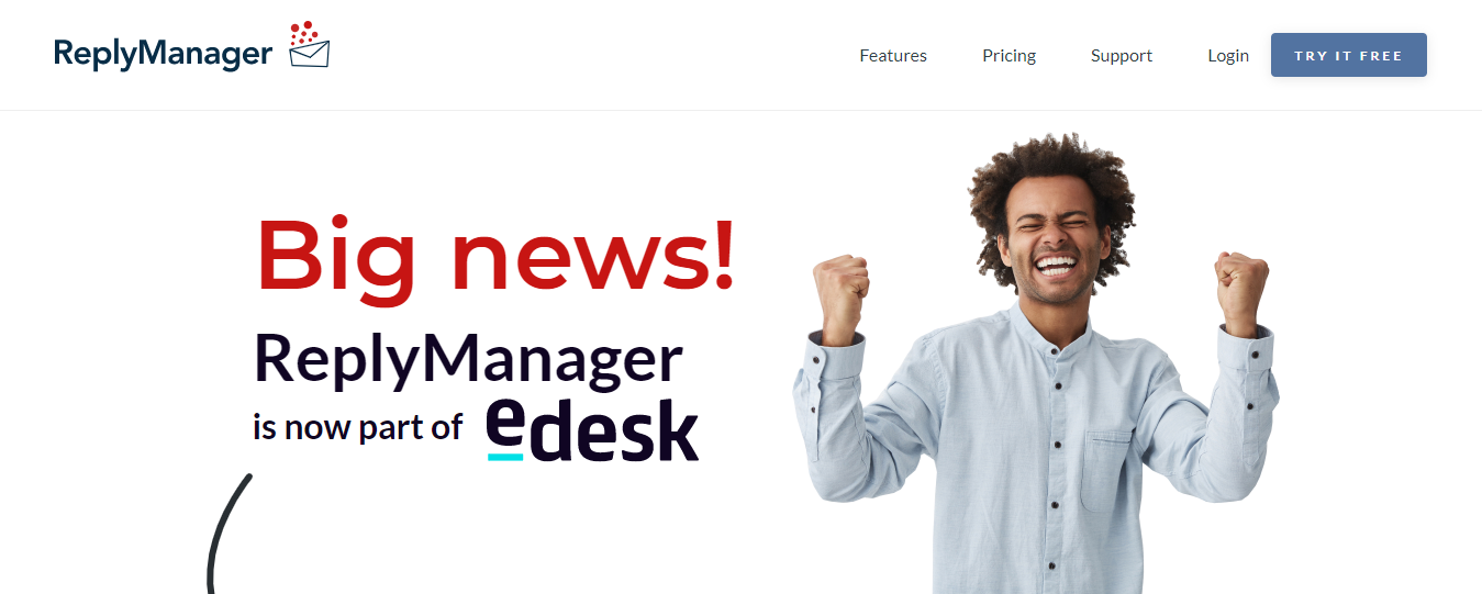 Banner from the ReplyManager Website Saying ReplyManager Is Now Part of eDesk