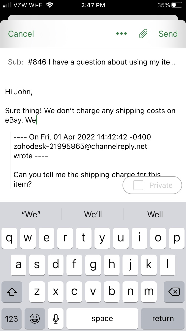 Responding to an eBay message in the Zoho Desk mobile app for iOS