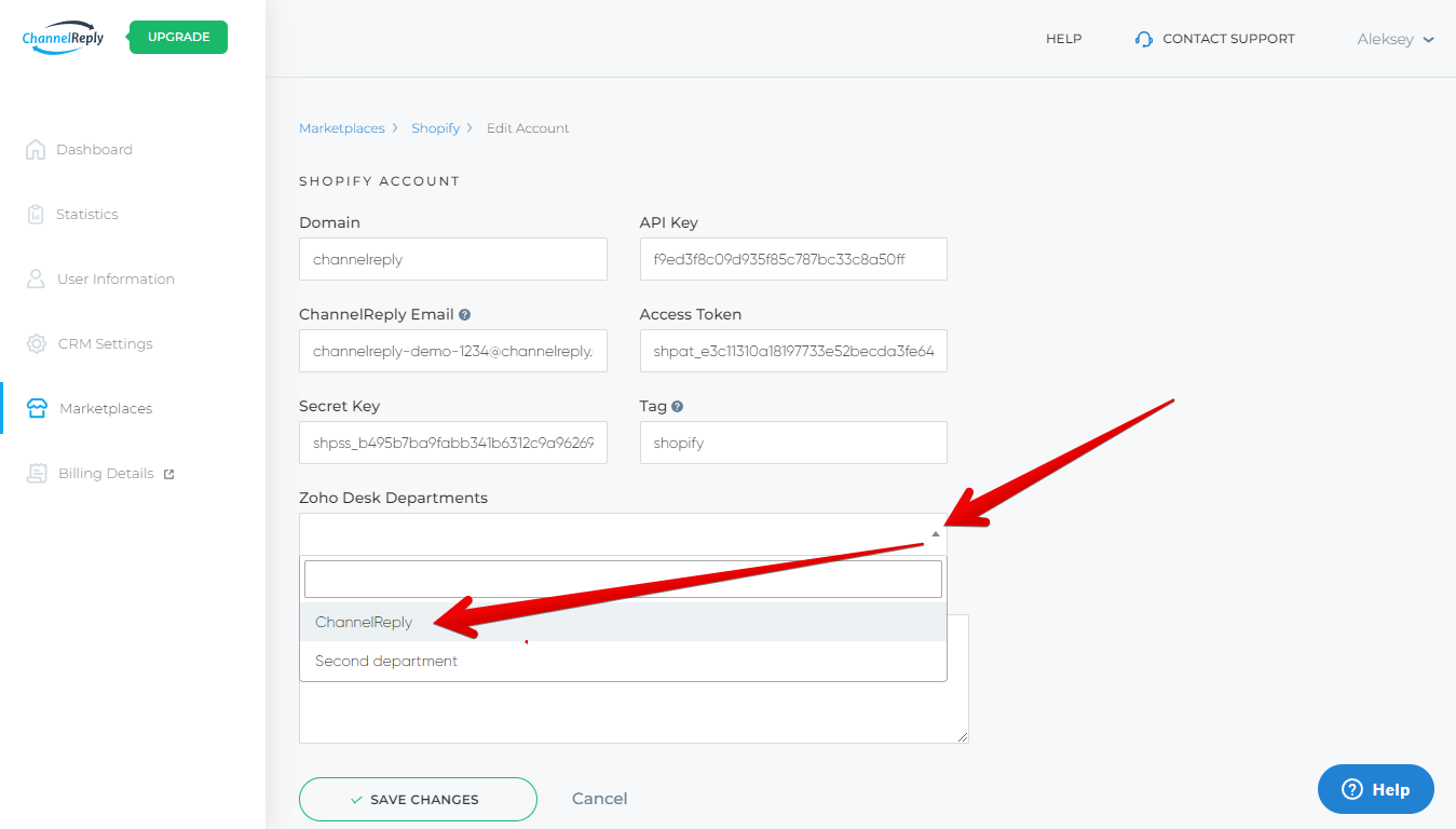 Zoho Desk Departments Dropdown for Shopify in ChannelReply