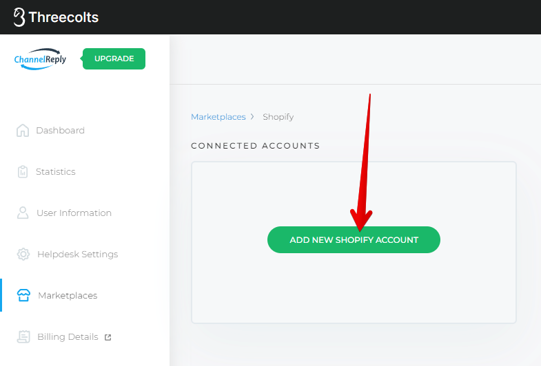 Add New Shopify Account Button on the Marketplaces Tab