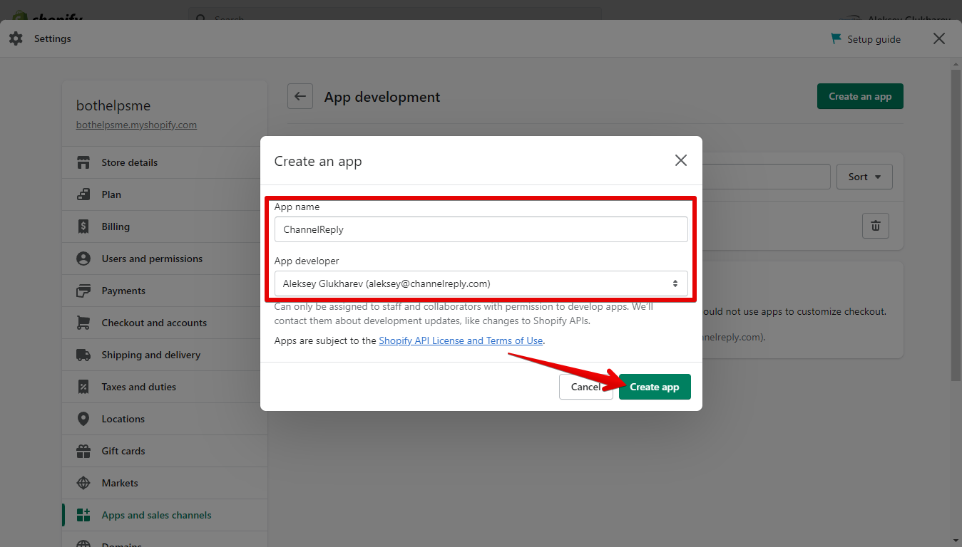App Name and App Developer Fields and Create App Button