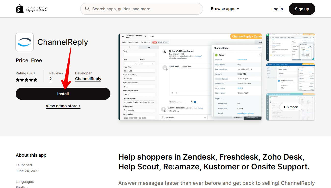 ChannelReply Shopify App Page on the App Store
