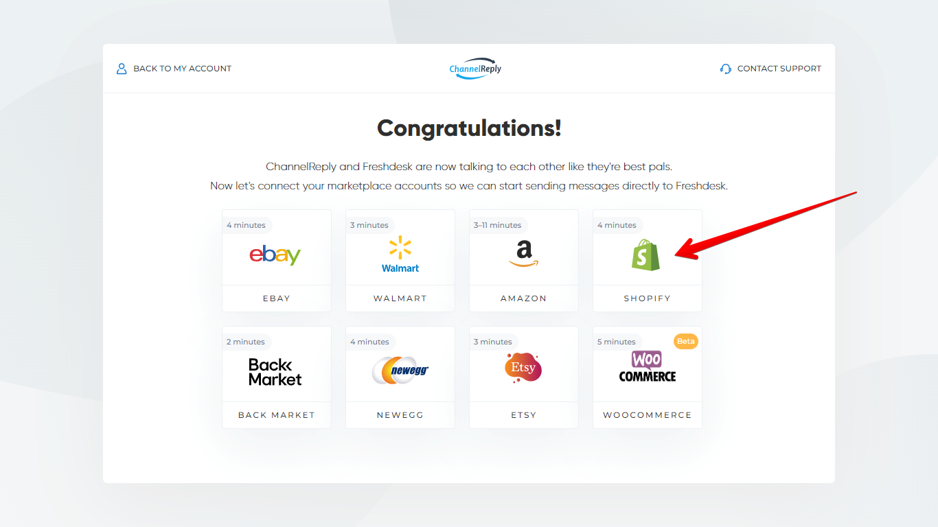 Choosing Shopify on the Freshdesk Integration Success Screen