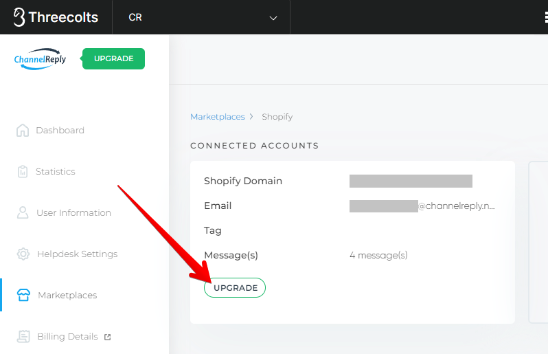 Upgrade Button Instead of Edit Button on a Shopify Account in ChannelReply