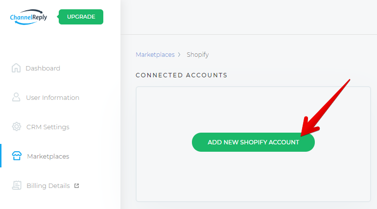 Add New Shopify Account Button on the Marketplace Tab