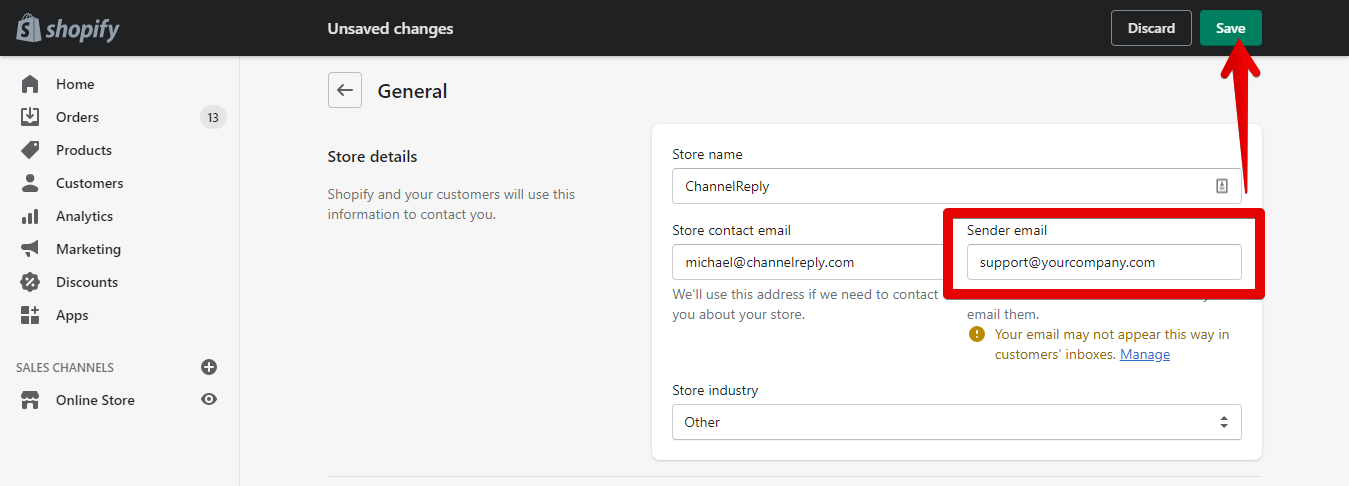 Update Sender Email in Shopify