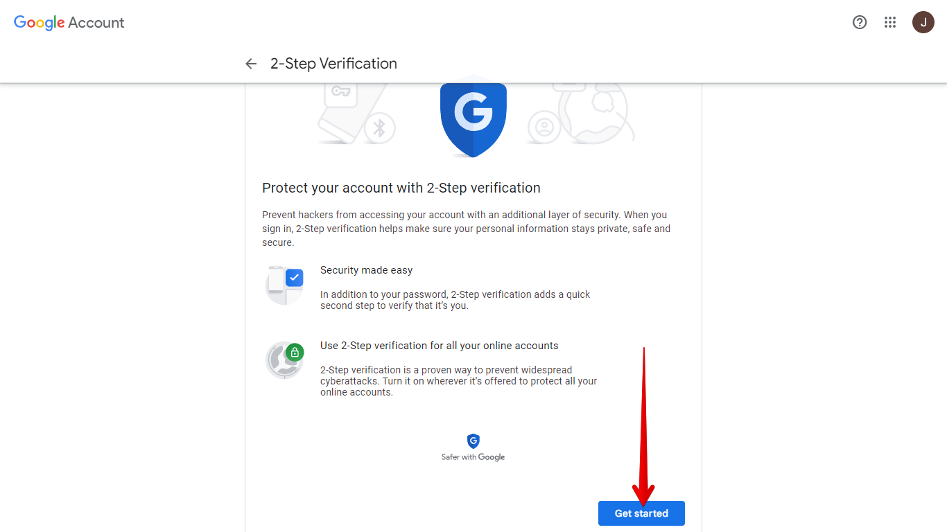 Get Started Button for 2-Step Verification