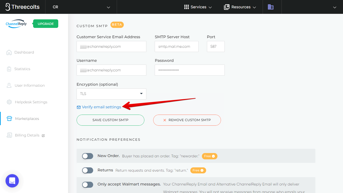 Verify Email Settings in a Walmart Account's Custom SMTP Settings in ChannelReply