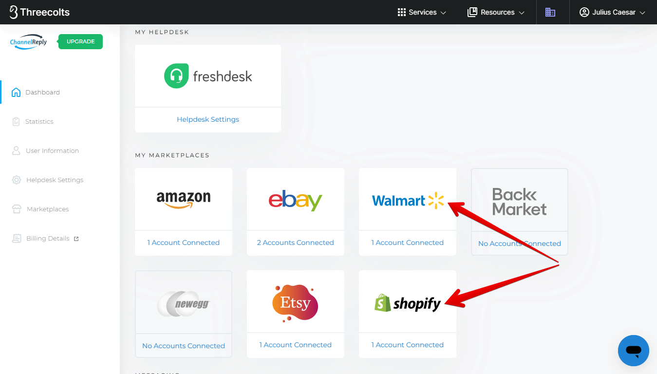 Walmart and Shopify on the ChannelReply Dashboard