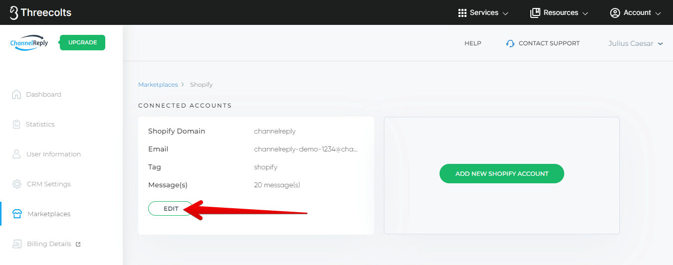 Edit button for a Shopify account in ChannelReply
