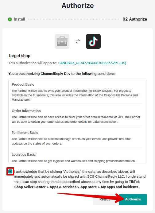I acknowledge box checked and Authorize button
