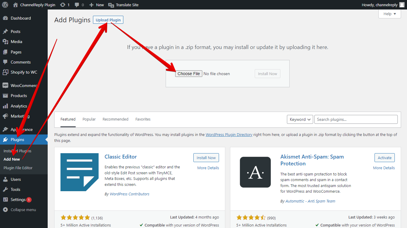 Plugins submenu, Add New option, Upload Plugin button, and Choose File button in WordPress