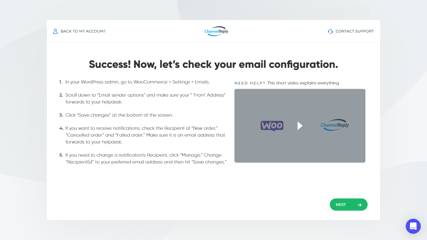 ChannelReply email configuration instructions for WooCommerce