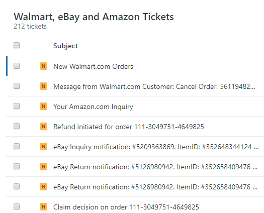 Walmart, eBay and Amazon Messages in Zendesk