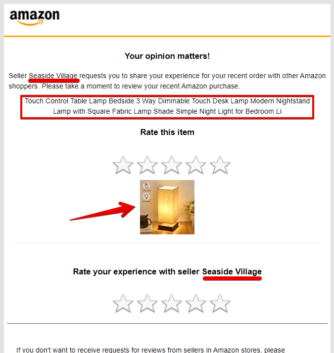 A screenshot showing what parts of an Amazon review request email are personalized