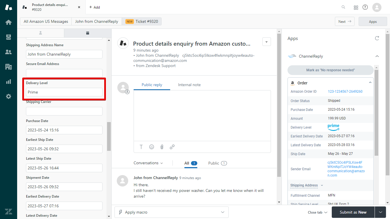 Amazon Delivery Level in Zendesk