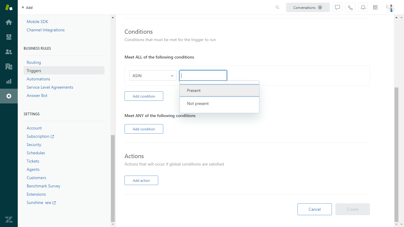 Custom Field in Zendesk Trigger with Present or Not Present Options