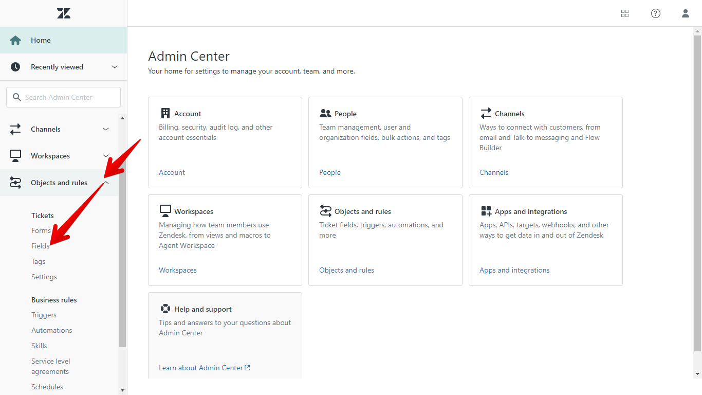 Objects and Rules Menu and Fields Submenu in Admin Center