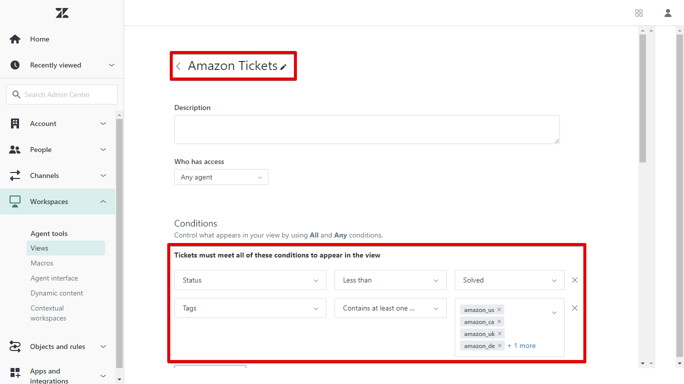 Settings for a Zendesk Amazon Messages View