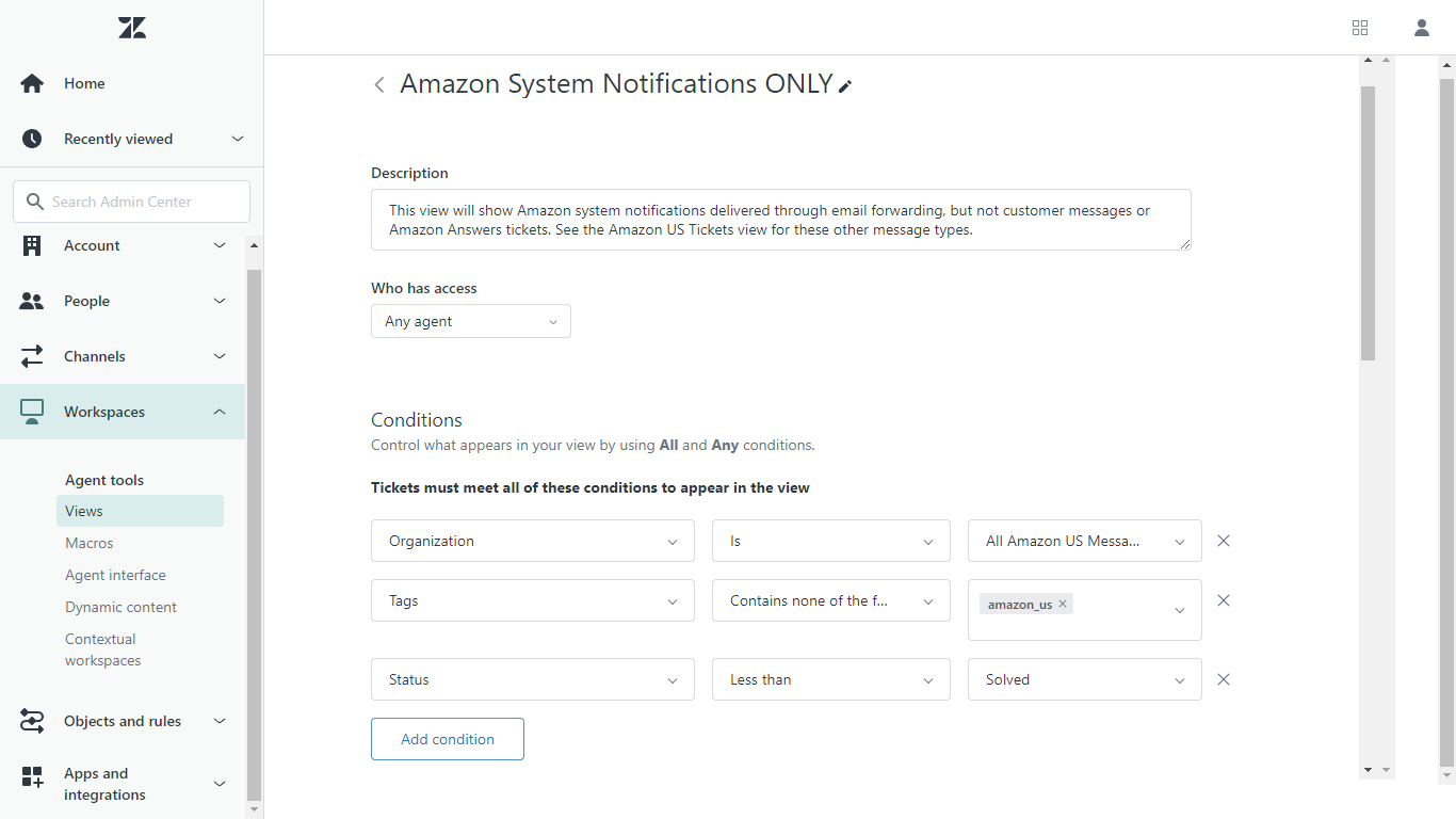 Zendesk Settings for an Amazon System Notifications Only View
