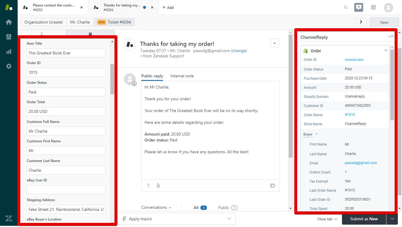 Shopify Message in Zendesk with ChannelReply