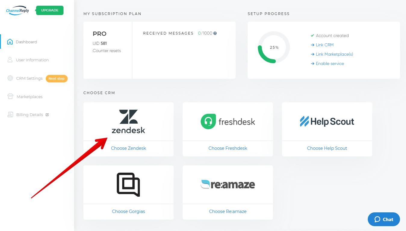Select Zendesk from the Account Dashboard