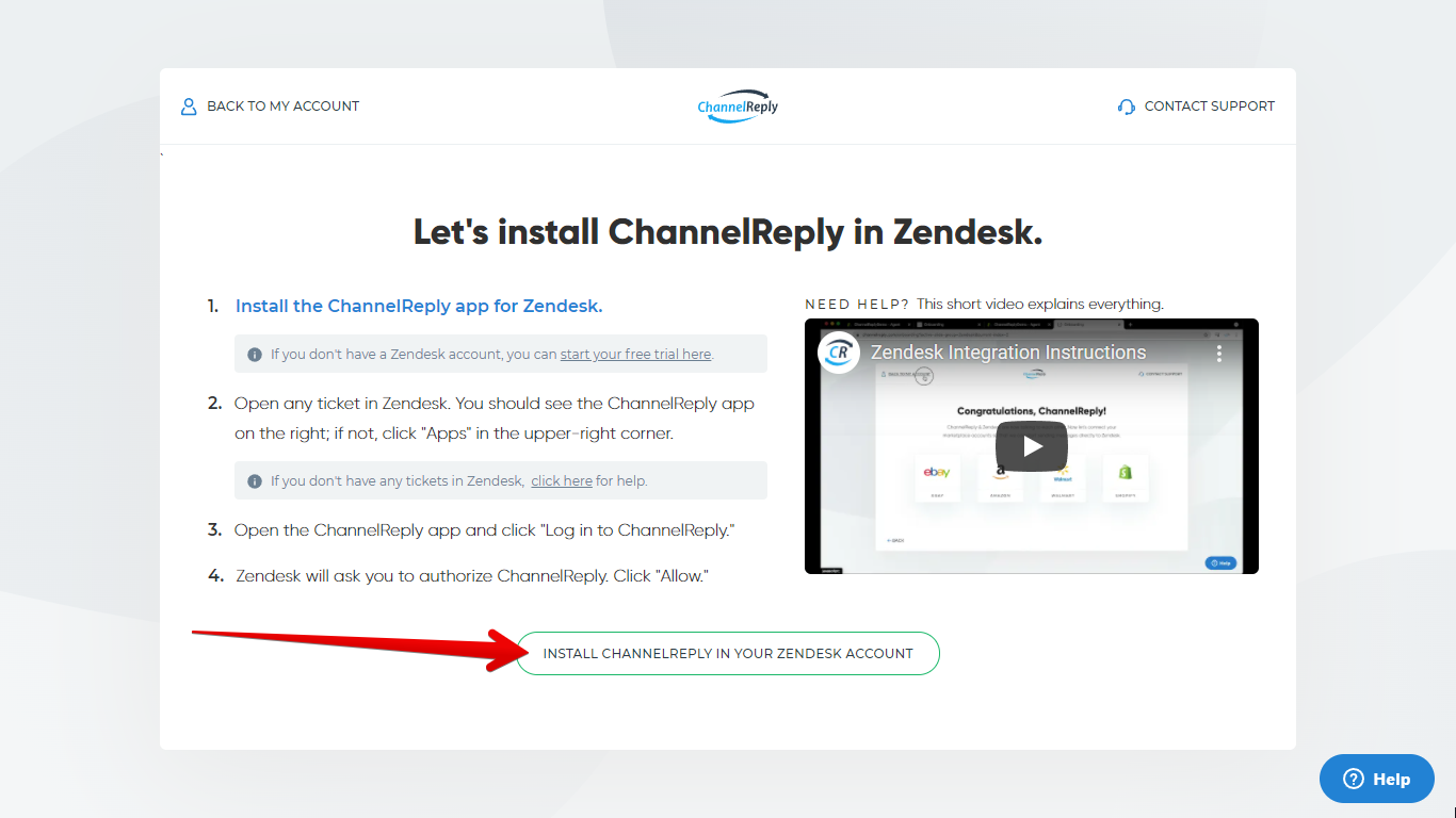 Install ChannelReply in Your Zendesk Account Button