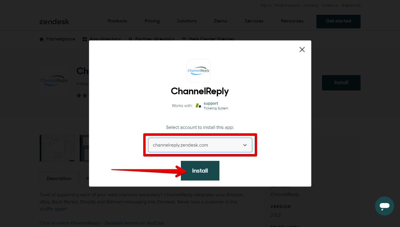 Choose Zendesk Account and Install ChannelReply