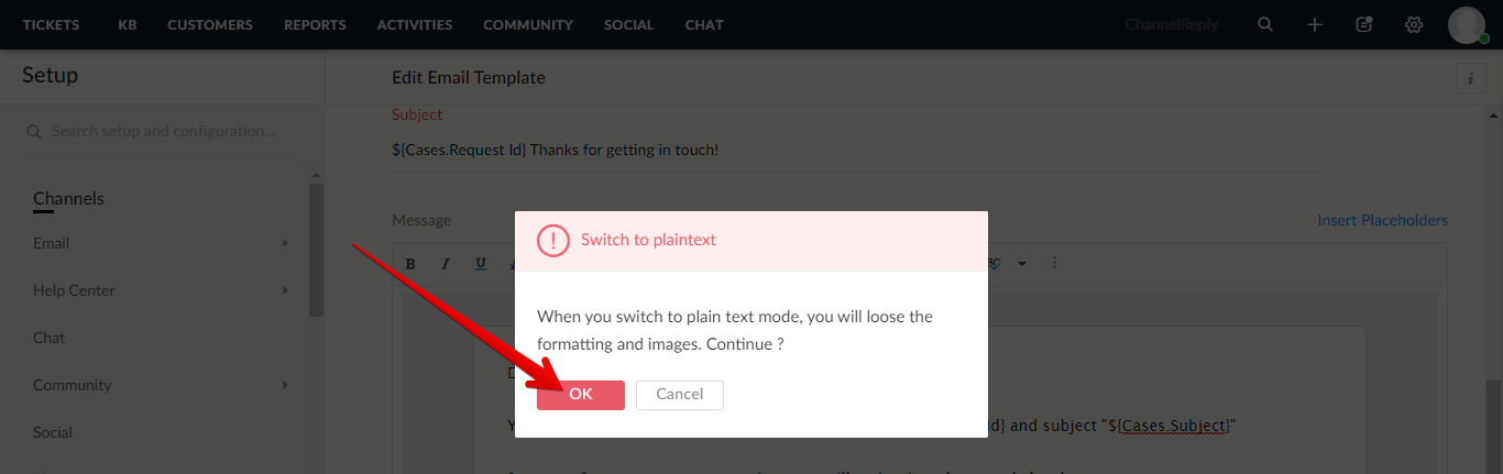 OK button on the switch to plain text confirmation popover