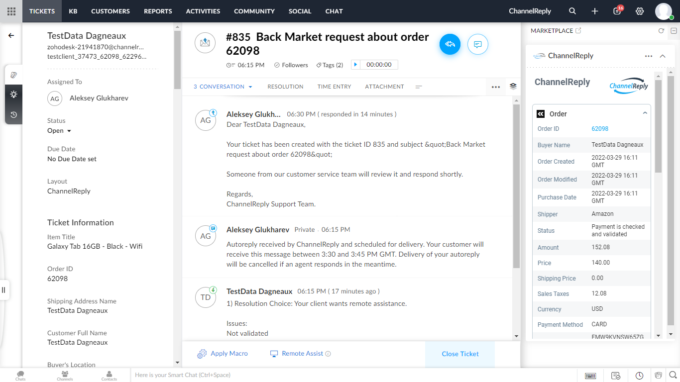 Zoho Desk autoreply to a Back Market message with default placheholders populated