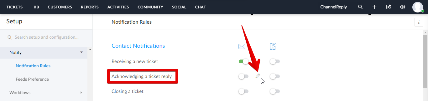 Edit button appearing for Acknowledging a Ticket Reply when moused over