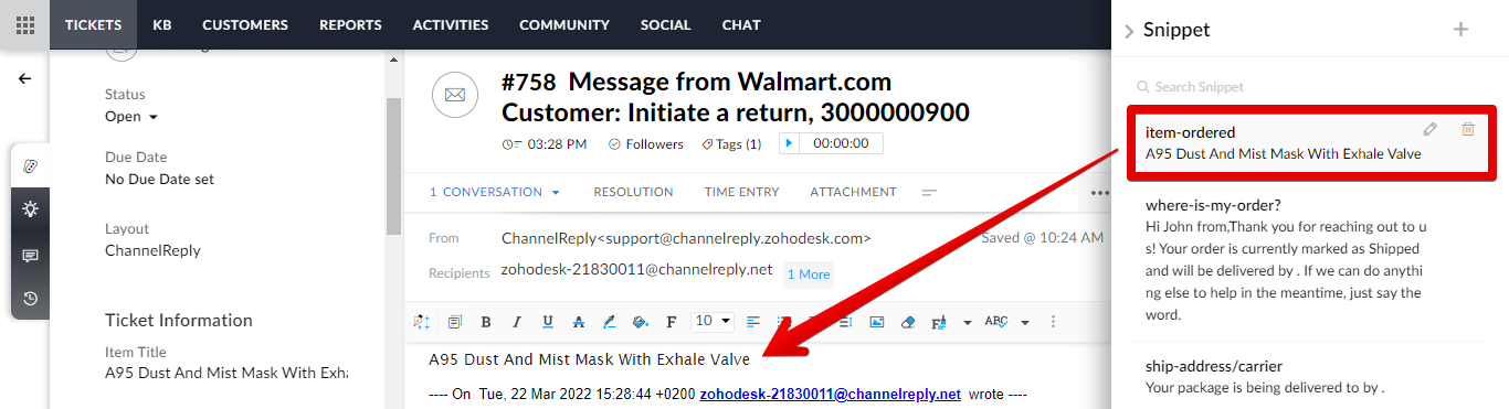Entering a snippet with a Walmart placeholder in a Zoho Desk reply