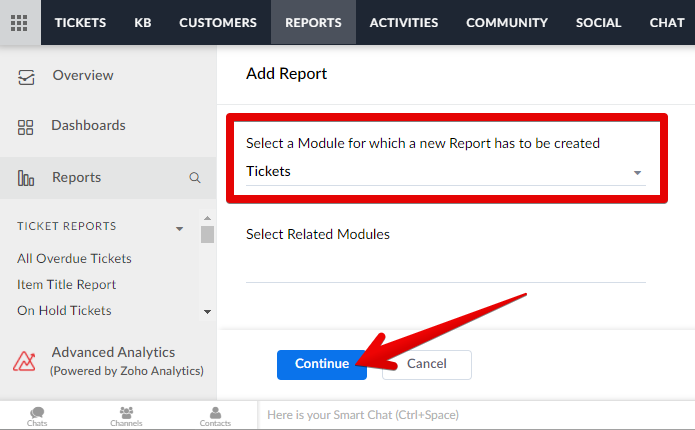 Tickets report module selected and Continue button