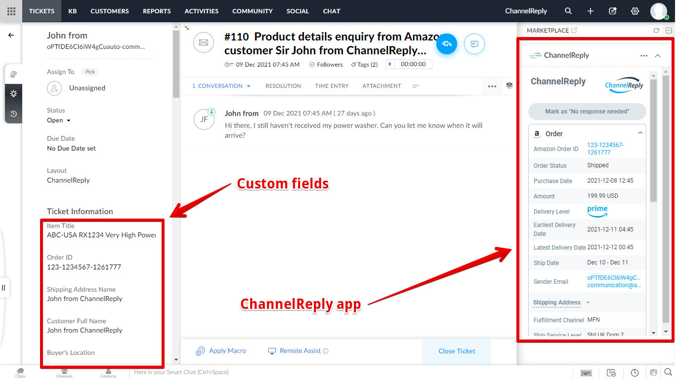 The ChannelReply app on the right and custom fields on the left of a Zoho Desk ticket
