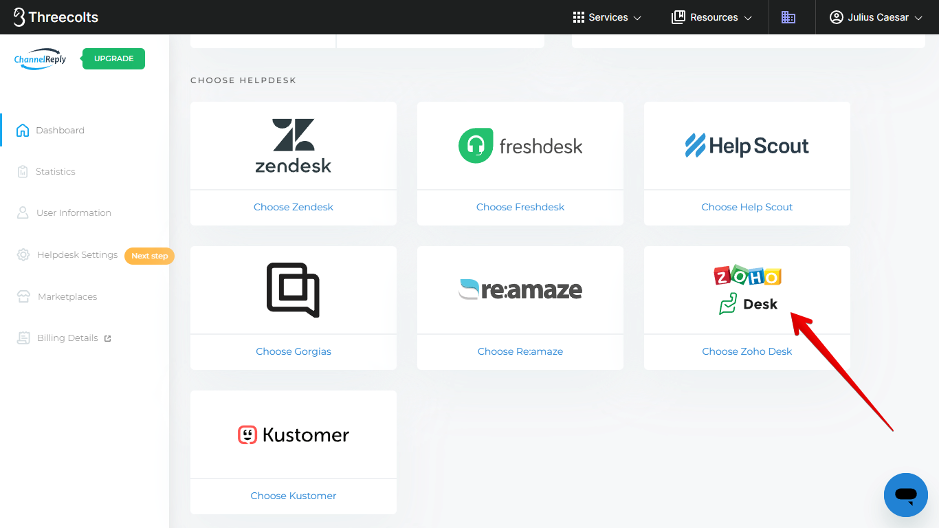 Zoho Desk on the ChannelReply dashboard
