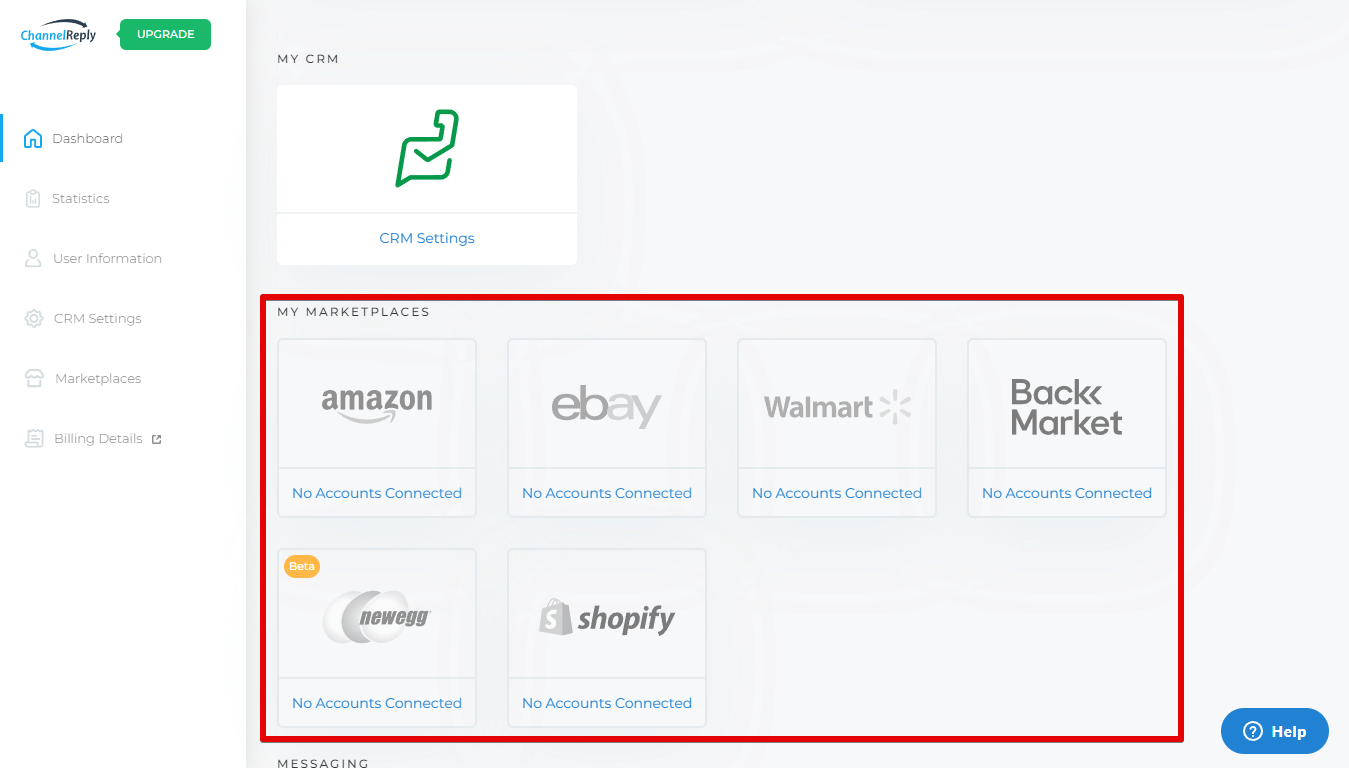 Choosing to integrate Amazon, eBay, Walmart, Back Market or Shopify with Zoho Desk on the ChannelReply dashboard