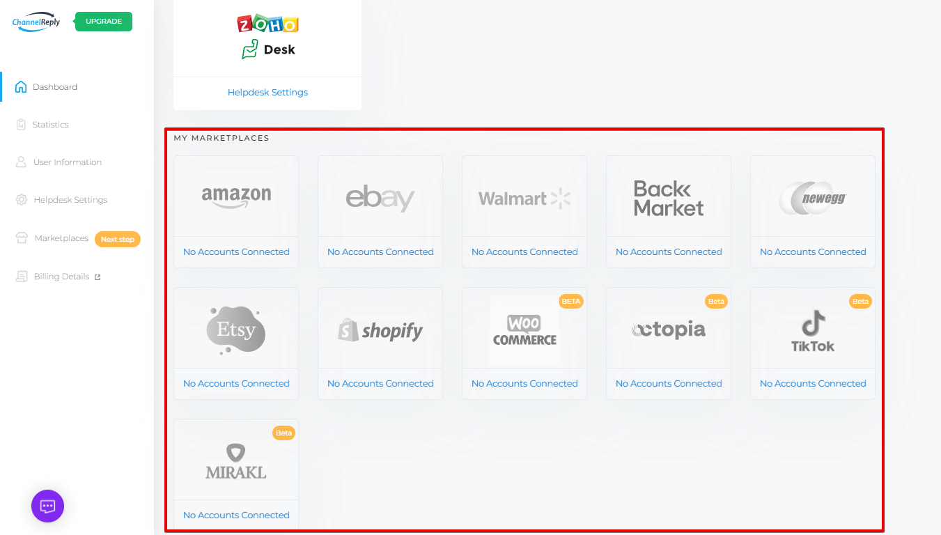 Choosing to integrate Amazon, eBay, Walmart, Back Market, Newegg, Shopify, WooCommerce, Etsy, Octopia, Mirakl, or TikTok with Zoho Desk on the ChannelReply dashboard