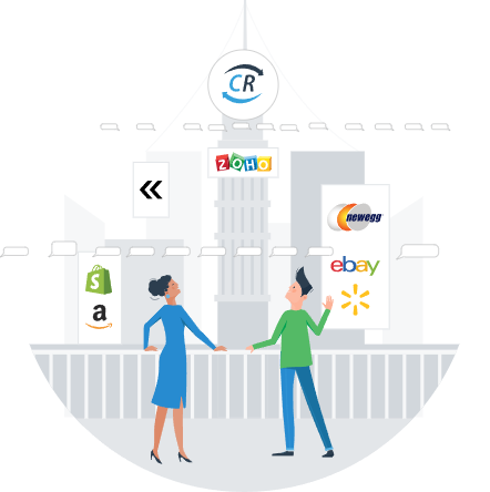 Illustration of Zoho Desk as a skyscraper with Amazon, eBay, Shopify, Walmart, Back Market and Newegg connected by ChannelReply