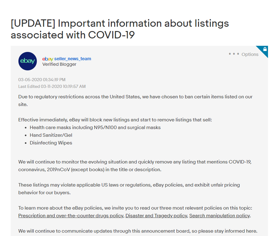 eBay COVID-19 Product Bans