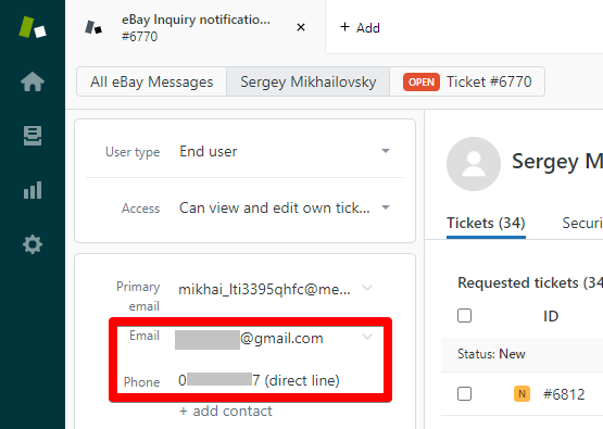 An eBay Contact in Zendesk with Personal Email and Phone Number